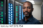 Confident professional in a hightech server room. Стоковое AI-изображение, AI-художник Андрей Бакусов / Фотобанк Лори