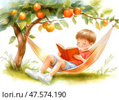 Мальчик читает книгу в гамаке, летние каникулы на даче. Стоковое AI-изображение, AI-художник Щеголева Ольга / Фотобанк Лори