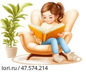Девочка читает в кресле интересную книгу. Стоковое AI-изображение, AI-художник Щеголева Ольга / Фотобанк Лори