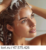 Enjoying a refreshing shower while washing long hair at home. Женщина освежается в душе, намыливая шампунем свои длинные волосы. Стоковое AI-изображение, AI-художник Katsiaryna Repich / Фотобанк Лори