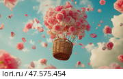 Hot air balloon decorated with roses floats amid scattered petals in blue sky. Воздушный шар, украшенный розами, парит среди рассыпанных лепестков в голубом небе. Стоковое AI-изображение, AI-художник Katsiaryna Repich / Фотобанк Лори
