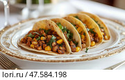 Tasty soft tacos served on an elegant plate with savory chicken and corn filling. Вкусные мягкие тако подаются на элегантной тарелке с пикантной начинкой из курицы и кукурузы. Стоковое AI-изображение, AI-художник Katsiaryna Repich / Фотобанк Лори
