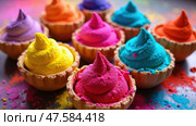 Vibrant Celebration of Holi With Colorful Gulal in Ice Cream Scoops, a Springtime Festival of Colors in Indian Culture. Стоковое AI-изображение, AI-художник Sergey Grishin / Фотобанк Лори