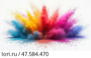 Colorful Explosion of Gulal Powder Symbolizes Holi Celebrations and Vibrant Spring Festival Traditions in Hindu Culture. Стоковое AI-изображение, AI-художник Sergey Grishin / Фотобанк Лори