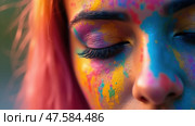 Celebrations of Holi With Vibrant Gulal Powder Adorn the Closed Eyes of a Model Showcasing Creative Artistic Makeup During the Spring Festival of Colors. Стоковое AI-изображение, AI-художник Sergey Grishin / Фотобанк Лори