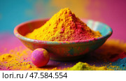 Celebration of Holi With Vibrant Gulal Powder and Colorful Balls Capturing the Spirit of Cultural Unity and Spring Festivities. Стоковое AI-изображение, AI-художник Sergey Grishin / Фотобанк Лори
