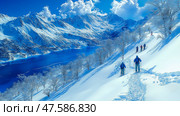 Skiers ascend snowy mountain slope overlooking a glacial lake. Стоковое AI-изображение, AI-художник Данила Большаков / Фотобанк Лори