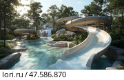 Exciting waterslide experience at a scenic water park surrounded by lush trees. В оживленном аквапарке посетители наслаждаются захватывающими спусками по замысловатым водным горкам. Каскадные водопады и тропическая листва создают освежающую атмосферу. Стоковое AI-изображение, AI-художник Katsiaryna Repich / Фотобанк Лори