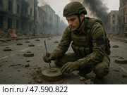 Soldier Carefully Disarming a Mine in a War-Torn Urban Environment During Cloudy Weather. Стоковое AI-изображение, AI-художник Юлия Гапеенко / Фотобанк Лори
