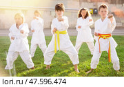 Group of preteen children practicing karate in summer park. Стоковое фото, фотограф Яков Филимонов / Фотобанк Лори