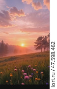 Landscape with flowers] [in pink and orange tones] [with a rising sun over the forest] Стоковое AI-видео, аниматор Виталий Самсонов / Фотобанк Лори