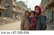Three Young Girls, Wearing Warm Jackets and Headscarves, Stand Closely Together on a Dusty Street. Стоковое AI-изображение, AI-художник Sergey Grishin / Фотобанк Лори