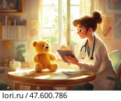 Педиатр и плюшевый мишка в кабинете врача. Стоковое AI-изображение, AI-художник Даниил Кондруненко / Фотобанк Лори