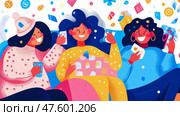 Joyful Gathering: Women Celebrating with Gifts and Treats. Стоковое AI-изображение, AI-художник Данила Большаков / Фотобанк Лори