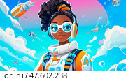 A girl soars through a vibrant sky, futuristic crafts zipping past, her confident smile reflecting boundless optimism. Стоковое AI-изображение, AI-художник Данила Большаков / Фотобанк Лори