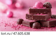 Sweet Treat for Valentine's Day: A delectable stack of dark chocolate, pink truffles, and sparkling sugar for a romantic celebration. Стоковое AI-изображение, AI-художник Данила Большаков / Фотобанк Лори