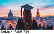 Graduation Day Dream: A Graduate Contemplates the City at Sunset, marking the culmination of academic journey, achievement, and future hopes. Стоковое AI-изображение, AI-художник Данила Большаков / Фотобанк Лори