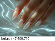 Elegant hand with long, iridescent nails resting on silky fabric. Изящная рука с длинными переливающимися ногтями лежит на шелковистой ткани. Стоковое AI-изображение, AI-художник Katsiaryna Repich / Фотобанк Лори