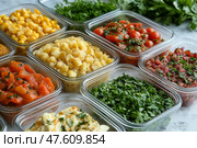 Colorful array of fresh ingredients for meal preparation on a countertop. Яркое ассорти овощей и трав аккуратно разложено в прозрачных контейнерах, готовых к приготовлению. Ингредиенты включают кукурузу, помидоры, зелень и многое другое, демонстрируя свежесть и разнообразие. Стоковое AI-изображение, AI-художник Katsiaryna Repich / Фотобанк Лори