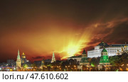 Night view of the Moscow Kremlin, Russia (most popular view). Against the background of the sunset. Стоковое видео, видеограф Владимир Журавлев / Фотобанк Лори