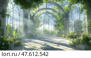 Lush greenery fills a sunlit conservatory with tropical plants and serene water features during a tranquil morning. Стоковое AI-изображение, AI-художник Михаил Коханчиков / Фотобанк Лори