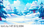 Serene snowscape with frosted trees and delicate snowflakes falling. Стоковое AI-изображение, AI-художник Данила Большаков / Фотобанк Лори