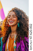 Radiant Joy: A woman's infectious laughter, a celebration of spirit & connection, perfect for uplifting content, or a vibrant springtime invitation. Стоковое AI-изображение, AI-художник Данила Большаков / Фотобанк Лори