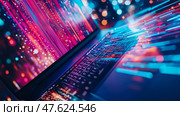 Cybernetic Speed: Laptop displaying accelerated digital flow for high tech industry. Стоковое AI-изображение, AI-художник Данила Большаков / Фотобанк Лори