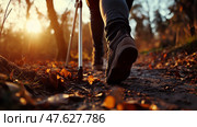 Hiking along a picturesque trail during golden hour with autumn leaves underfoot. Стоковое AI-изображение, AI-художник Сергей Толмачёв / Фотобанк Лори