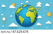 Colorful Earth Illustration With Weather Icons Celebrating World Meteorology Day, Promoting Education and Environmental Awareness. Стоковое AI-изображение, AI-художник Sergey Grishin / Фотобанк Лори