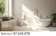 A Serene Bathroom Showcasing a Freestanding White Tub and Elegant Sinks Bathed in Natural Light From Large Windows. Стоковое AI-изображение, AI-художник Sergey Grishin / Фотобанк Лори