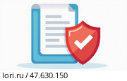 A Secure Document Featuring a Protective Shield With a Check Mark Symbolizes Safety in Health Insurance, Finance, and Medical Services. Стоковое AI-изображение, AI-художник Sergey Grishin / Фотобанк Лори