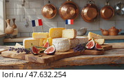 A festive cheese platter with French-themed Bastille Day decorations adds charm to a cozy kitchen, setting the perfect mood for a warm and joyful celebration. Стоковое AI-видео, аниматор Ирина Старикова / Фотобанк Лори