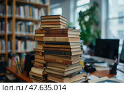 Stack of books on the table in library. Education and learning concept. Стопка книг на столе в библиотеке. Концепция образования и обучения. Стоковое AI-изображение, AI-художник Katsiaryna Repich / Фотобанк Лори