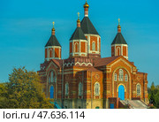 Majestic Orthodox church - Iverskaya Church, located in the village of Borshchevoe, Venevsky district. The building is made of red brick and decorated with white decorative elements. The temple has several high octagonal domes with golden crosses, covered with a dark roof. The central entrance stands out with a bright blue door, and a wide staircase leads to it. The architecture is distinguished by harmonious proportions and classical Russian church style. In the background is a clear blue sky, emphasizing the monumentality of the building. Стоковое фото, фотограф Анна Кривицкая / Фотобанк Лори