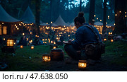 Night Camp Study: Student at forest encampment engrossed in studies, glowing lanterns casting a warm ambiance on a tranquil evening. Стоковое AI-изображение, AI-художник Данила Большаков / Фотобанк Лори