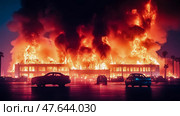 Fiery Inferno: A Building Ablaze Amidst a Chaotic Automotive Landscape - Apocalyptic Scenario. Стоковое AI-изображение, AI-художник Данила Большаков / Фотобанк Лори