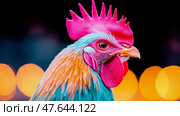 Majestic Rooster Close-up Portrait with Vibrant Plumage and Striking Hot Pink Comb on Dark Bokeh ,Design for farm print, poster. Стоковое AI-изображение, AI-художник Данила Большаков / Фотобанк Лори