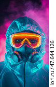 Protective Gear in a Neon World: Healthcare concept, representing the era of medical challenges and a resilient fight. Стоковое AI-изображение, AI-художник Данила Большаков / Фотобанк Лори