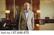 Smiling confident stylish mature middle aged man standing in modern office. Old senior businessman gray haired man 60s business executive manager looking at camera arms crossed portrait. Стоковое AI-видео, аниматор ALLA YURTAYEVA / Фотобанк Лори