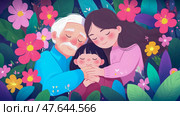 A heartwarming family moment in a floral embrace, celebrating intergenerational connection and love, purpose for card, poster. Стоковое AI-изображение, AI-художник Данила Большаков / Фотобанк Лори