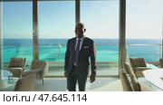 Smiling confident stylish mature middle aged man standing in modern office. Old senior businessman gray haired man 60s business executive manager looking at camera arms crossed portrait. African American. Стоковое AI-видео, аниматор ALLA YURTAYEVA / Фотобанк Лори