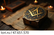 Ancient masonic relic with square and compass. Стоковое AI-изображение, AI-художник Андрей Бакусов / Фотобанк Лори