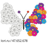 Vector hand drawn butterfly silhouette made of stylized flowers and wing for coloring isolated on transparent background. Стоковая иллюстрация, иллюстратор Ольга Дроздова / Фотобанк Лори