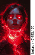 Scarlet Gaze: A portrait of a powerful woman with glowing eyes and a red aura of energy emanating around her, revealing inner strength and determination. Стоковое AI-изображение, AI-художник Данила Большаков / Фотобанк Лори