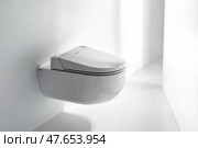 Toilet. Flush clean toilet in modern bathroom. White ceramic toilet bowl near light grey wall. Restroom furniture concept. Personal hygiene. Interior Design. Architecture. Architectural Visualization. Стоковое AI-изображение, AI-художник Марина Демидюк / Фотобанк Лори