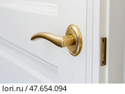 Golden Doorknob. Metal door handle lock and latch of brass on veneer doors. Copper door handle. White door wooden half opening through interior background. Modern trends in interior design. Close-up. Стоковое AI-изображение, AI-художник Марина Демидюк / Фотобанк Лори