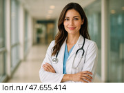 Smiling Female Doctor in a Hospital Corridor During Working Hours With Crossed Arms. Стоковое AI-изображение, AI-художник Юлия Гапеенко / Фотобанк Лори