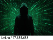 Хакер. Силуэт человека в капюшоне на фоне цифровых данных. Стоковое AI-изображение, AI-художник Башкирова Анна / Фотобанк Лори