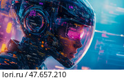 Envisioning the Future: A Woman in a Cyberpunk Astronaut Helmet with Embedded Digital Displays. Стоковое AI-изображение, AI-художник Данила Большаков / Фотобанк Лори